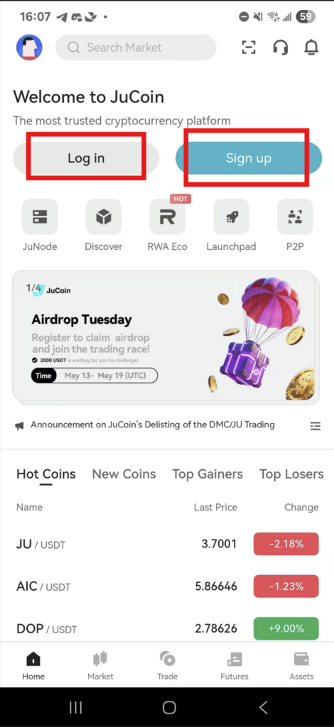 JuCoin App login 