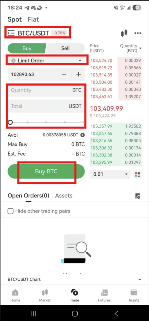 JuCoin App spot trading functions 