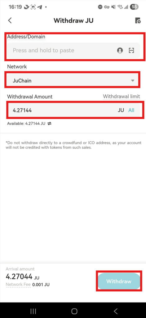 JuCoin App withdraw